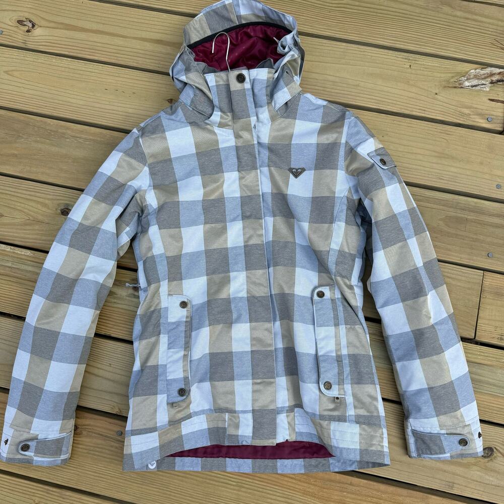 Roxy Coat 8K Winter Snow Ski Board Checkered Plaid Large Gray Beige Outdoors